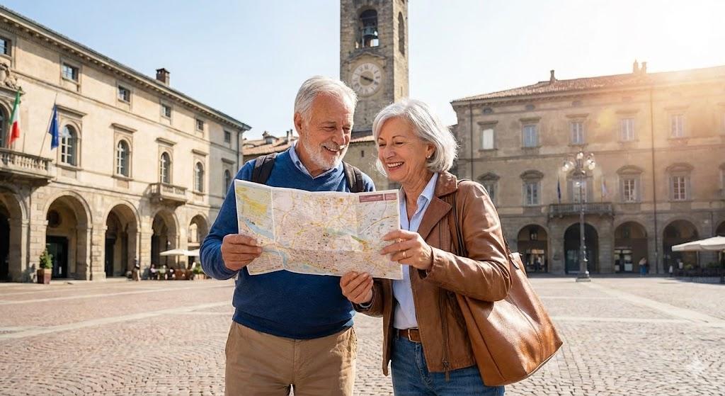 Anziani che girano la città di Bergamo