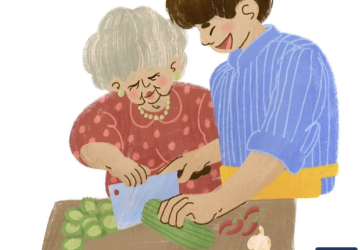 giovane e anziano cucinano